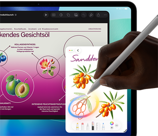 iPad Pro, Vorderseite, das Display zeigt einen Hintergrund mit dunkelblauem und grünem Farbverlauf und mehrere geöffnete Apps, eine Hand hält den Apple Pencil Pro und kreist eine Skizze ein, die das Apple Intelligence Feature „Bildkreation“ zeigt